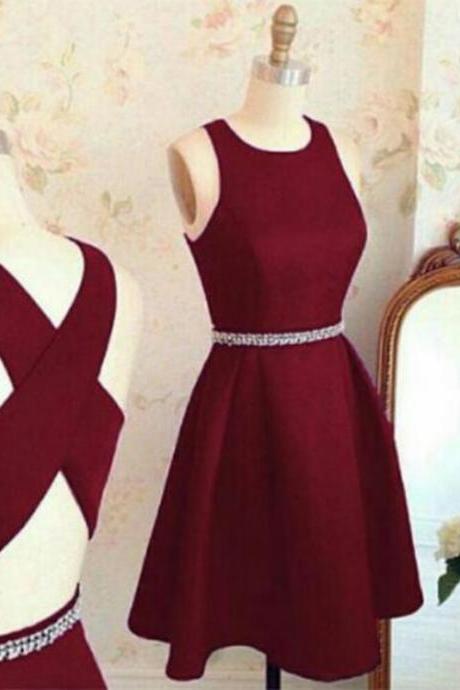 Burgundy Satin Homecoming Dresses With Cross Back,Elegant Short Prom Gowns