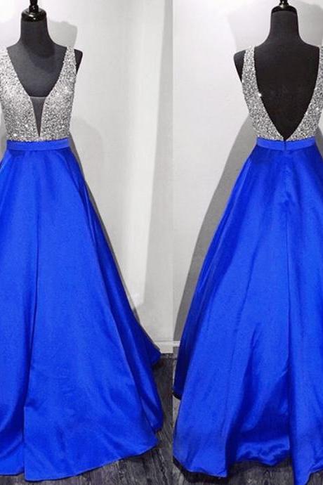 Blue Prom Dresses,Marvelous Satin Royal Blue V Neck Sparkle A Line Prom Gowns,A Line Prom Dresses 2017