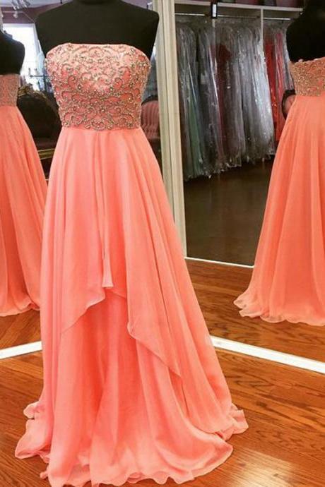 Charming Chiffon Floor Length Strapless Coral Prom Dress , Party Dresses, Evening Dresses 2017, Long Elegant Prom Dress,graduation Dresses