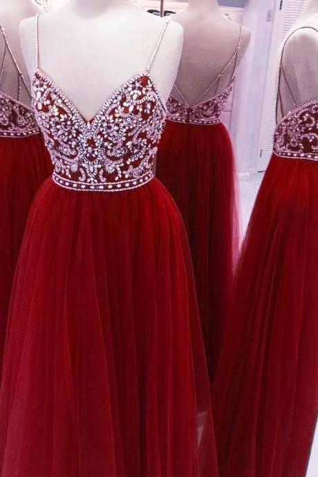 Tulle Floor Length Spaghetti Straps Burgundy Prom Dress , Party Dresses, Evening Dresses 2017, Long Elegant Prom Dress,graduation Dresses