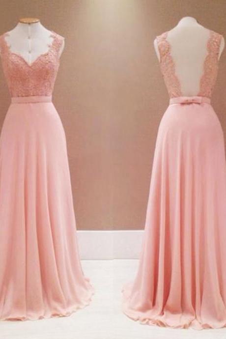 Sexy Pink A Line Prom Dresses Chiffon Backless Evening Gowns With Lace Bodice And V Neck