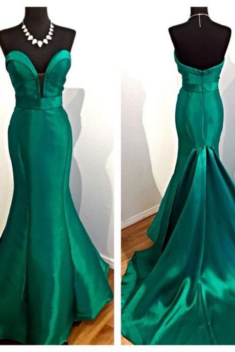 Charming Long Hunter Green Satin Plunge V Neck Formal Dresses - Evening Gowns, Prom Dresses