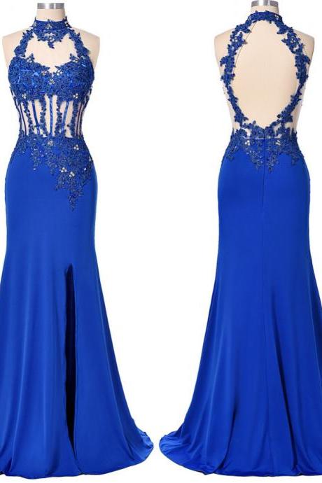 Elegant Long Royal Blue Chiffon Mermaid Formal Dresses Showcases Sheer Halter Neckline And Open Back - Evening Gowns, Prom Dresses