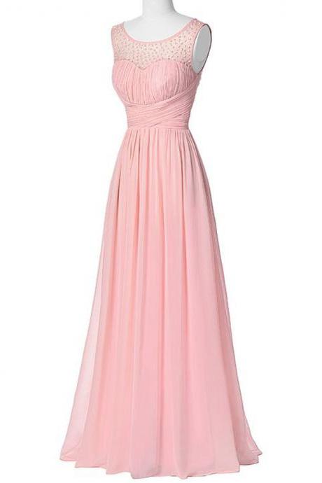 Pink Floor Length Elegant Chiffon Bridesmaid Dress Featuring Beaded Sheer Bateau Neckline