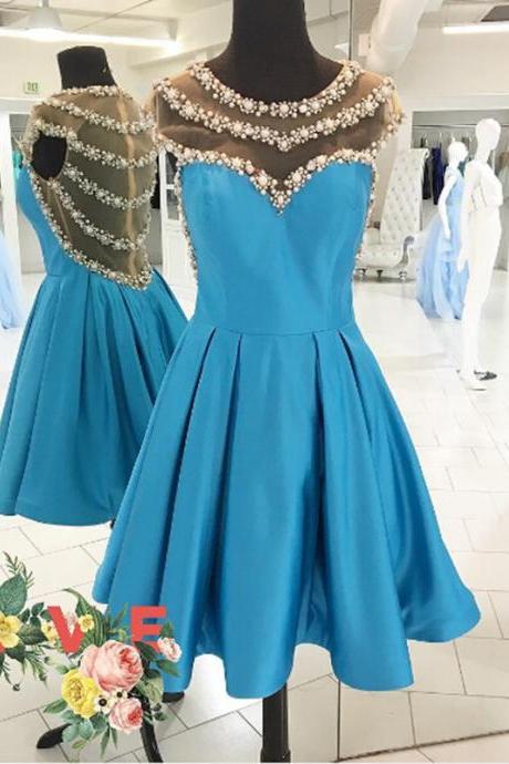 Sky Blue Satin Short A-Line Dress Featuring Sheer Bateau Neckline