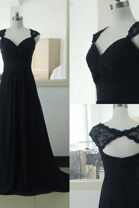 Long Black Chiffon Formal Dresses Featuring Ruched Bodice With V Neck -- Long Elegant Prom Dress, Sexy Evening Gown