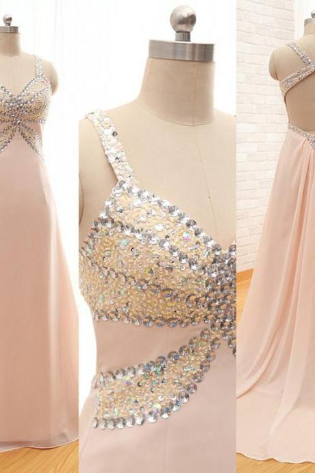 Sexy Pink Chiffon Backless Formal Dresses Featuring Rhinestone Beaded Bodice -- Long Elegant Prom Dress, 2017 Formal Gown