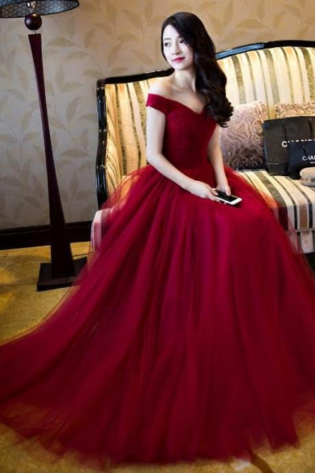 Marvelous Long Burgundy Tulle Prom Dresses Showcases Ruched Bodice With V Neck -- Floor Length Formal Gowns, 2017 Party Dresses