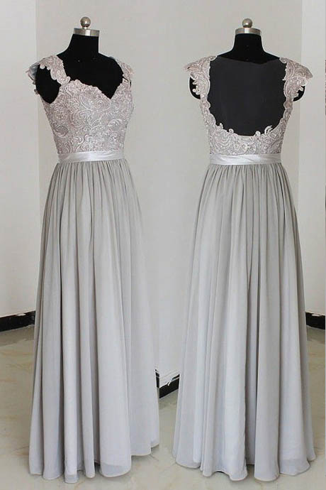 Selling A Line Silver Evening Dresses With Open Back Lace V Neck Long Elegant Prom Dress Robe De Soiree Formal Gowns