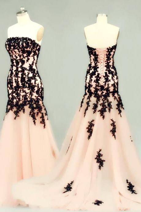 Charming Trumpet Pink Evening Dresses Lace Applique Strapless Long Elegant Prom Dress Robe De Soiree Formal Gowns