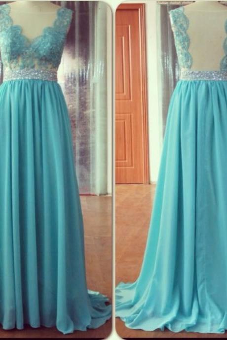 2016 Light Blue Long Sheer Neck A Line Evening Dresses With Lace Appliques New Arrival Party Dress Robe De Soiree Formal Gowns