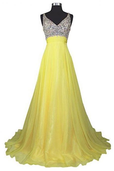 2017 Yellow Long V Neck A Line Evening Dresses New Arrival Rhinestone Party Dress Robe De Soiree Formal Gowns