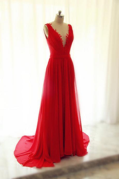 Sexy Red Lace Applique Chiffon Formal Dress Featuring Plunge V Neckline And Illusion Back