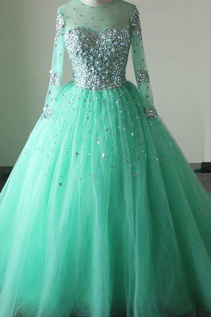 Luxury Green Rhinestone Beaded Tulle Formal Dress Featuring Beaded Bodice With Long Sleeve And Zipper Back