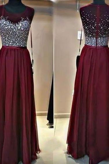 Long Burgundy Chiffon Formal Dresses Featuring Beaded Bodice With Sheer Bateau Neckline -- Long Elegant Prom Dress, Sexy Beaded Evening Gown