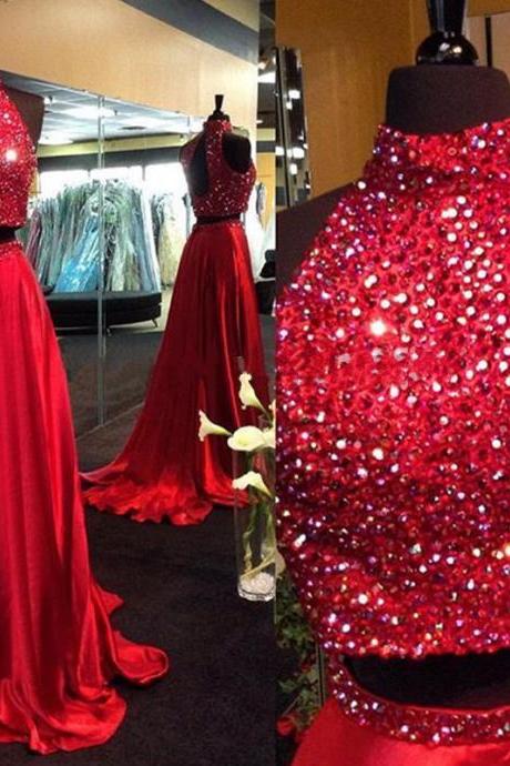 Sexy Red Satin Formal Dresses Showcases Rhinestone Beaded Halter Neckline - Two Piece Prom Dress,Long Elegant Prom Dresses, Sexy Beaded Evening Gown