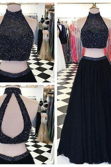 Sexy Black Tulle Formal Dresses Showcases Beaded Halter Neckline And Open Back - Two Piece Prom Dress,long Elegant Prom Dresses, Sexy Beaded