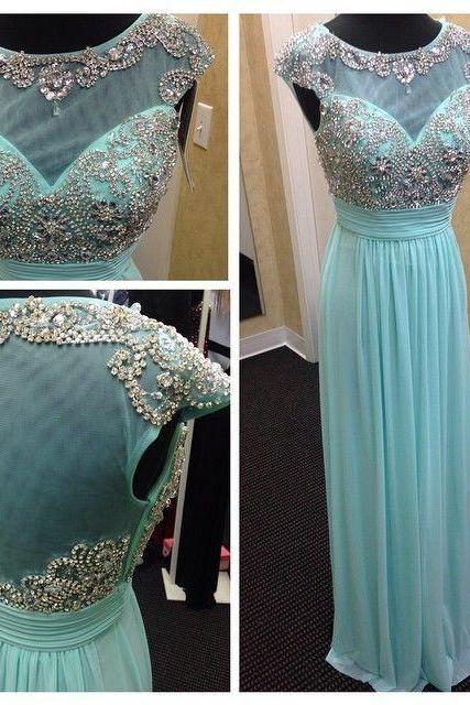 Sexy Floor Length Light Blue A Line Chiffon Formal Dresses Showcases Beaded Bodice With Illusion Neck And Beaded Scoop Neckline - Long Elegant