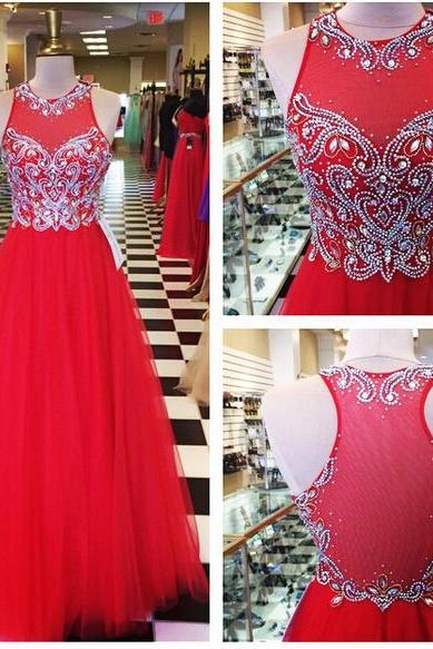 Long Red Tulle Formal Dresses Featuring Beaded Embellished Bodice With Illusion Back -- Long Elegant Prom Dress, Sexy Beaded Evening Gown