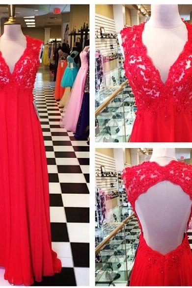 Long Red Chiffon Formal Dresses Featuring Beaded Lace Bodice With V Neck And Open Back -- Long Elegant Prom Dress, Sexy Backless Evening Gown