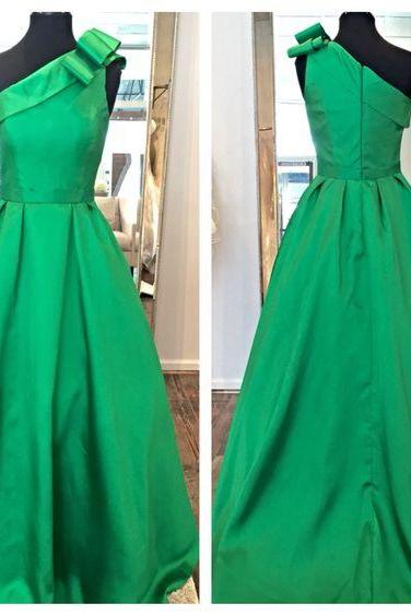 Long Green Satin Formal Dresses Featuring One Shoulder - Long Elegant Prom Dress, One Shoulder Evening Gowns