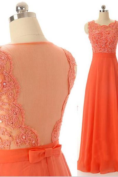 Long Orange Chiffon Formal Dresses Featuring Lace Bodice And Sheer Back - Long Elegant Prom Dress, Sexy Evening Gowns,