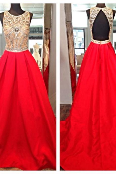New Long Red Satin Formal Dresses Featuring Beaded Bodice And Open Back - Long Elegant Prom Dress, Sexy Backless Evening Gowns,