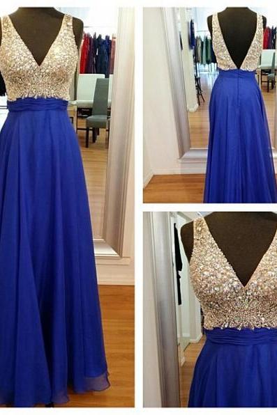 New Long Royal Blue Chiffon Formal Dresses Featuring Plunge V Neck - Long Elegant Prom Dress, Sexy Backless Evening Gowns,