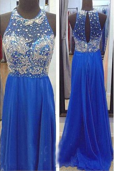 Blue A Line Chiffon Halter Prom Dresses,sexy Floor Length Beaded Evening Gowns