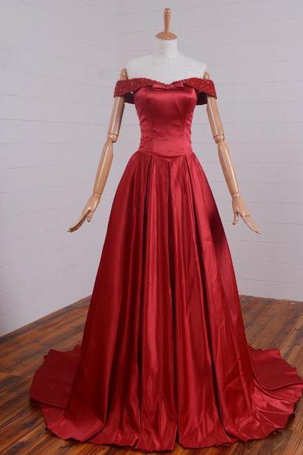 Long Red Satin Formal Dresses Featuring Beaded Off The Shoulder And Chapel Train -- Long Elegant Prom Dress, Sexy Beaded Evening Gown