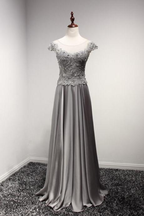 Charming Floor Length Gray Satin Formal Dresses Featuring Lace Applique Bodice -- Long Elegant Prom Dress,cap Sleeve Bridesmaid Dress