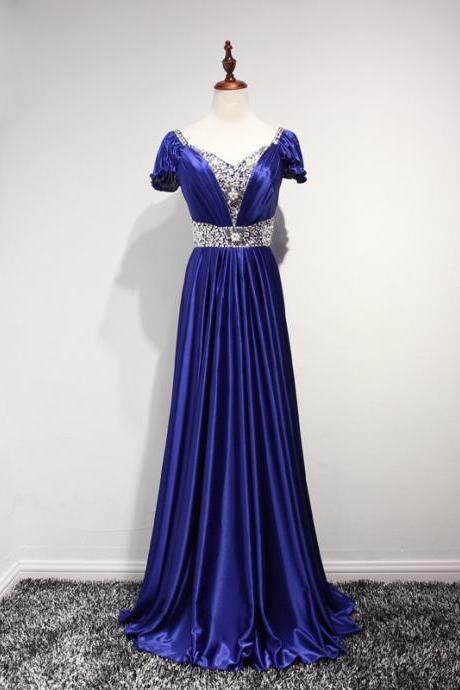 Royal Blue Floor Length A-line Satin Pleated Bridesmaid Dress Featuring Short Sleeve