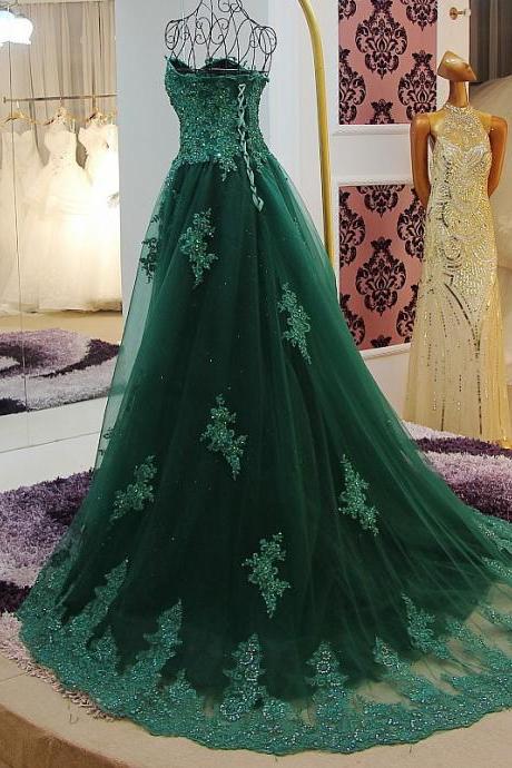 Elegant Dark Green Prom Dresses Sexy Lace Applique Beaded Evening Dresses 2017 Real Photo Women Party Dresses Formal Gowns