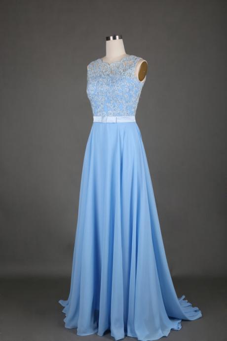 Light Blue Sheer Neck Chiffon Prom Dresses , Backless Chiffon A Line Evening Gowns - Formal Gowns, Party Dresses