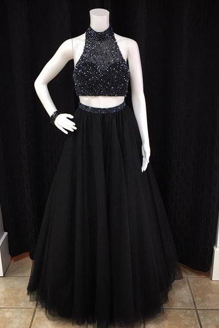 Elegant Long Black Prom Dresses Sexy Two Piece Evening Dresses 2016 Real Photo Women Party Dresses Formal Gowns