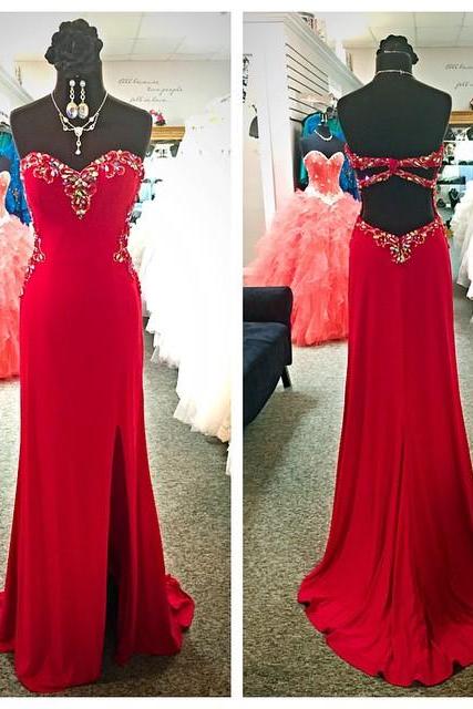 Red Floor Length Chiffon Prom Gown Featuring Sweetheart Beaded Bodice With Side Split