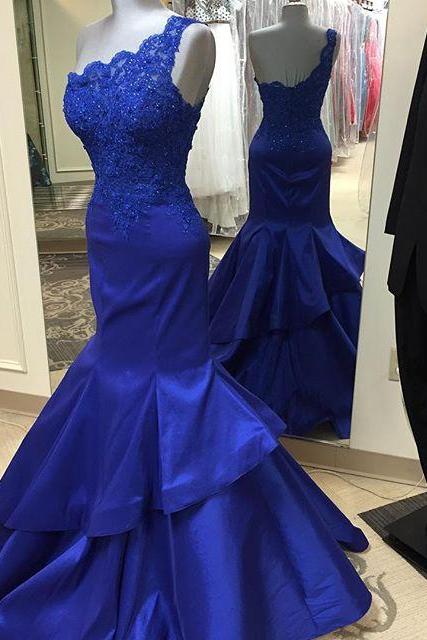 Royal Blue Floor Length Satin Mermaid Prom Gown Featuring Lace One Shoulder And Tiered Skirt
