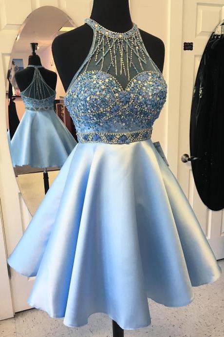 Short Light Blue Prom Dresses Sexy Rhinestone Beaded Halter Evening Dresses 2016 Real Photo Women Party Dresses Formal Gowns