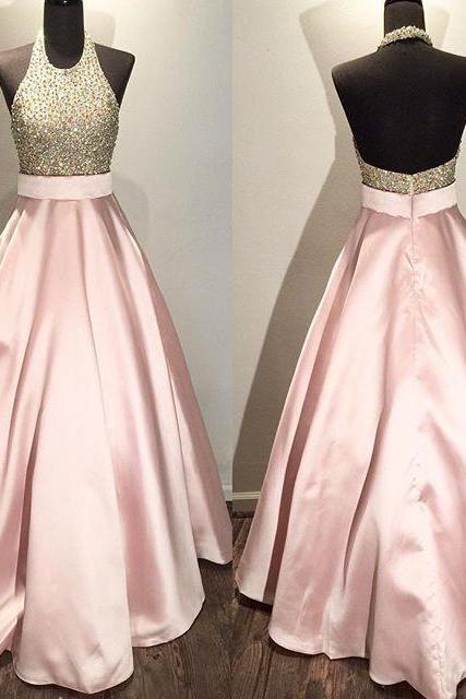 Long Pink Satin Formal Dresses Featuring Beaded Bodice With Halter Neckline -- Long Elegant Prom Dress, Sexy Beaded Evening Gown