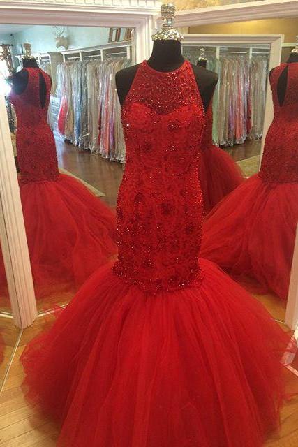 Long Red Tulle Mermaid Formal Dresses Featuring Beaded Bodice With Halter Neckline -- Long Elegant Prom Dress, Sexy Beaded Evening Gown