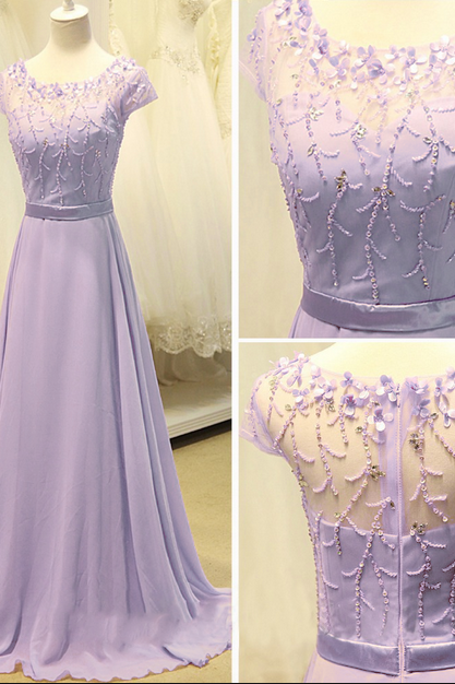Lavender Short Sleeves Chiffon Long Prom Dress with Illusion Bateau Neckline