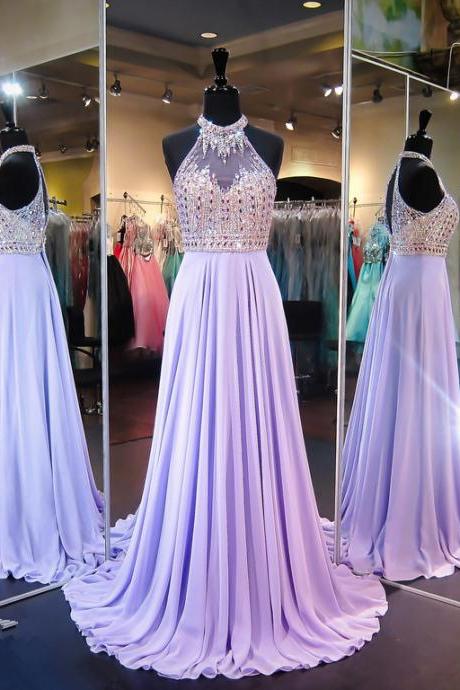 Sparkly Lavender Floor Length Chiffon Formal Dresses Featuring Rhinestone Beaded Bodice With Halter Neckline -- Long Elegant Prom Dresses,Sexy Evening Gowns