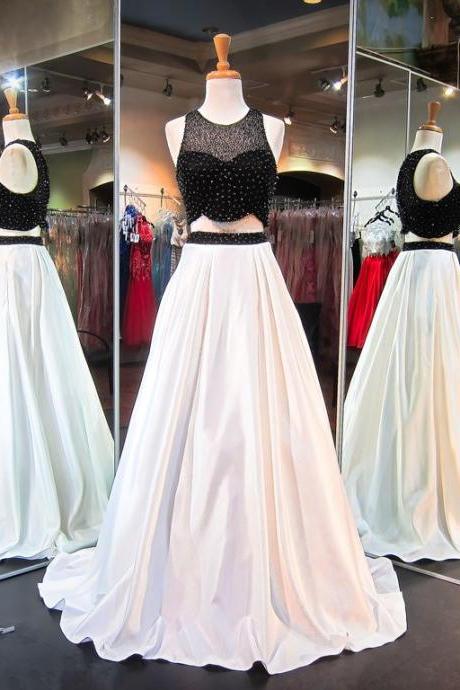 Sexy White Floor Length Taffeta Formal Dresses Showcases Beaded Bodice,long Elegant Prom Dresses,sexy Evening Gowns,two Piece Prom Dresses