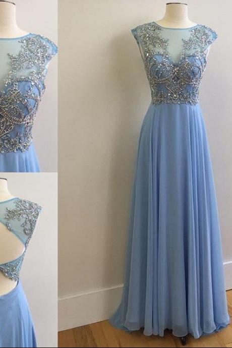 Light Blue Sheer Neck Prom Dresses , Sexy strapless A Line Evening Gowns - Formal Gowns, Party Dresses