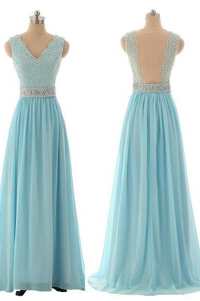 Light Blue V Neck Prom Dresses , Sexy Chiffon A Line Backless Evening Gowns - Formal Gowns, Party Dresses