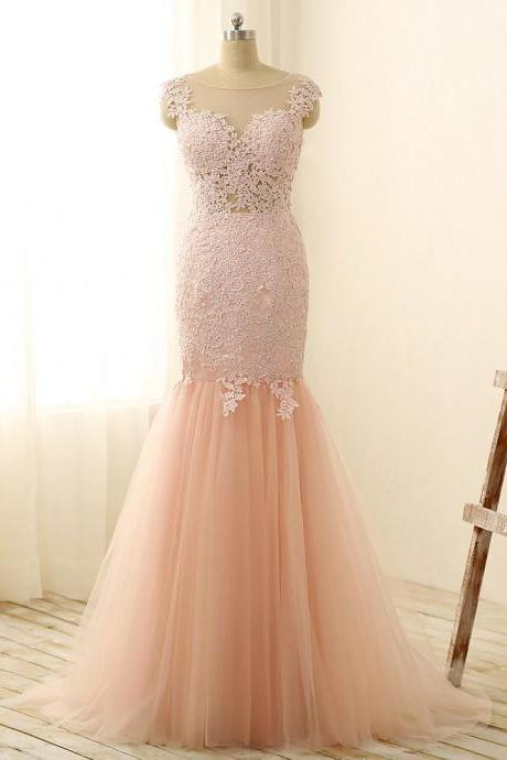 Champagne Sheer Neck Prom Dresses , Sexy Lace Applique Tulle Memraid Evening Gowns - Formal Gowns, Party Dresses