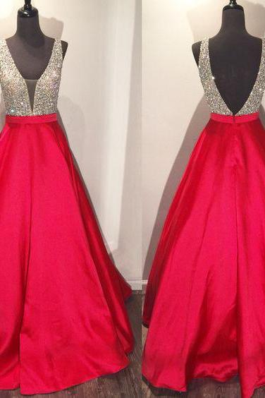 Red Satin Prom Dresses , Sexy Beaded Backless Evening Gowns - Formal Gowns, Party Dresses