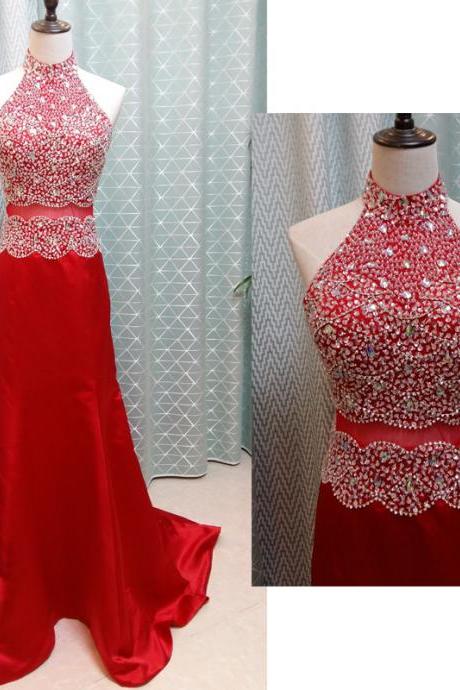 Red Satin Prom Dresses , Sexy Beaded Halter Neck Evening Gowns - Formal Gowns, Party Dresses