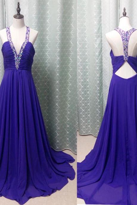 Charming Royal Blue Long Chiffon Prom Dresses Showcases Rhinestone Beaded Plunge V Bodice,sexy Evening Gowns,formal Dresses