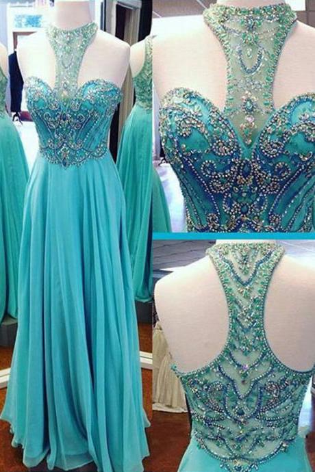 Sexy Blue Long Chiffon Prom Dresses Showcases Beaded Halter Neck And illusion Back,Sexy Evening Gowns,Formal Dresses